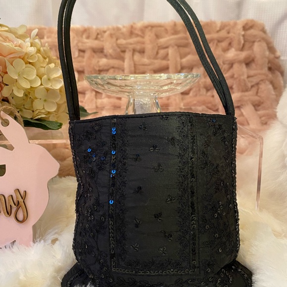 👛ANN TAYLOR👛 Sweet Black Sparkling Satin Sequined💎Handbag - Picture 8 of 15